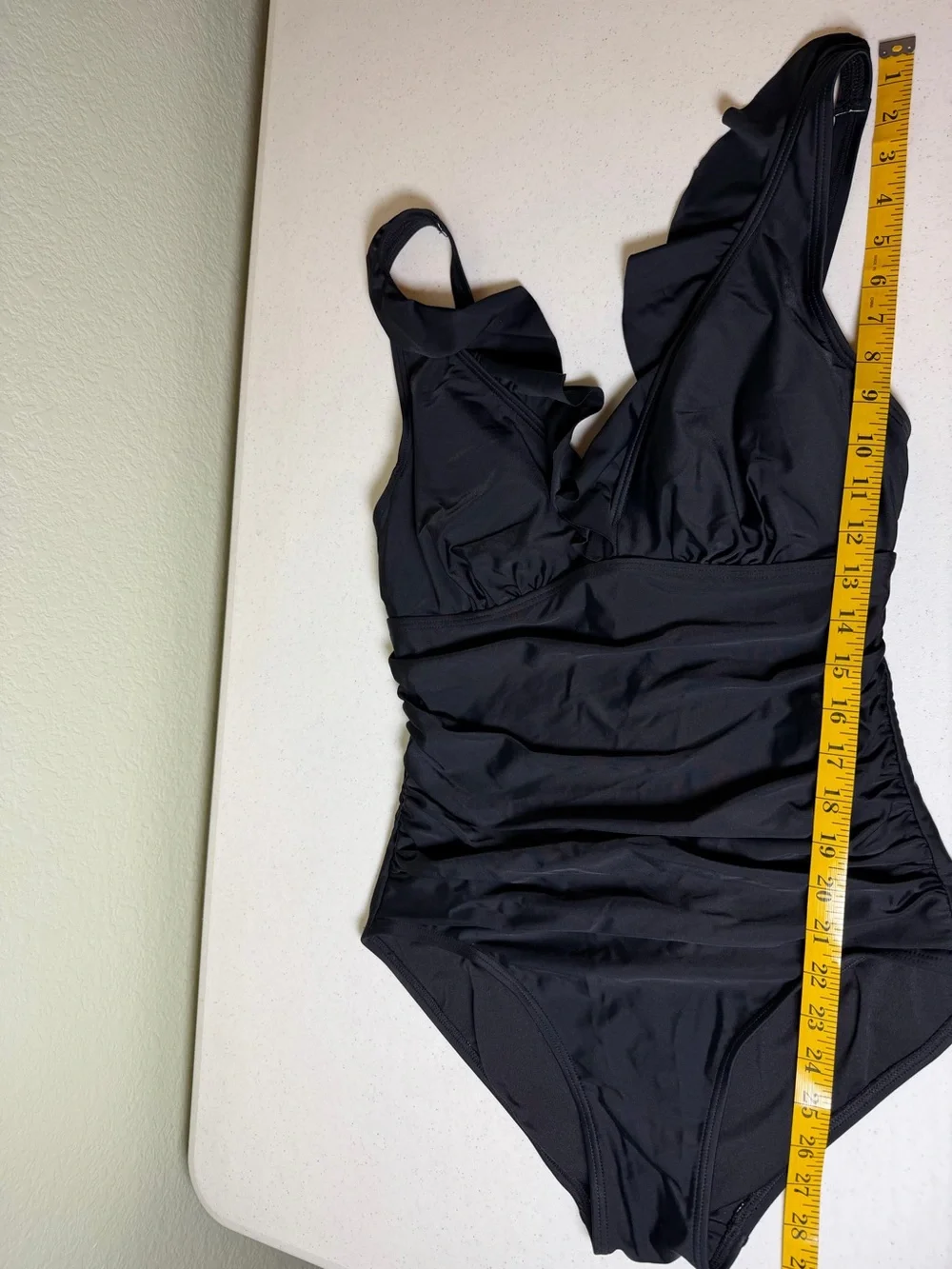 DKNY Black Ruffle One Piece Swimsuit Ruched Tummy Control Size 10 - Picture 9 of 12